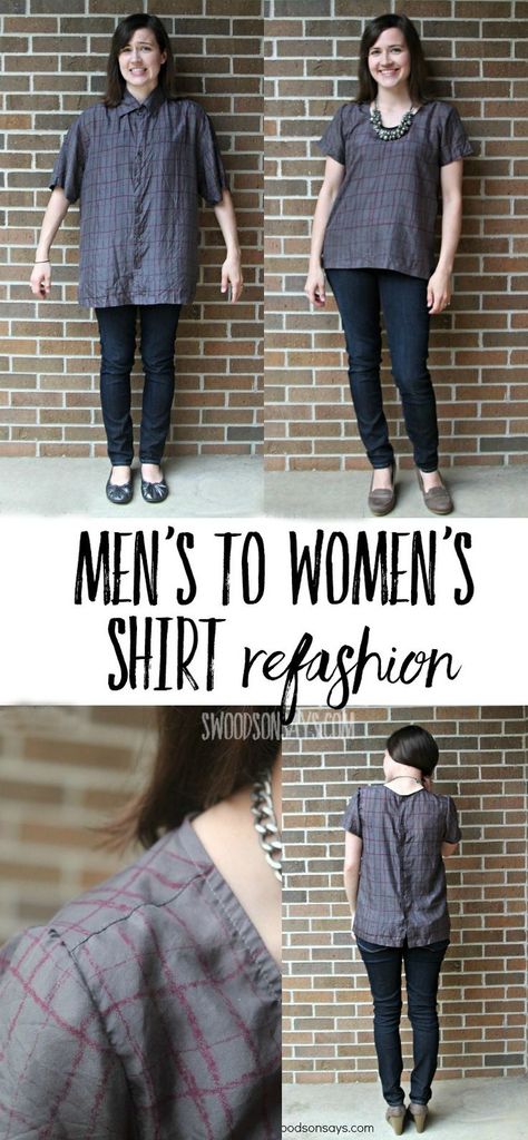 Men's Shirt to women's shirt refashion - see how to transform a baggy button-up into a chic shirt in this sewing refashion! #refashion Umgestaltete Shirts, Mens Shirt Refashion, Thrift Store Makeover, Thrift Store Refashion, Trendy Sewing, Shirt Refashion, Sewing Projects For Beginners, Easy Sewing Projects, Refashion Clothes