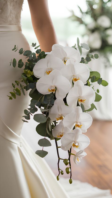 Wedding Flower Bride, Low Orchid Centerpieces Wedding, Wedding Decorations Orchid, Minimal Orchid Bouquet, Wedding Bouquets Bride Orchid, Simple Elegant Bouquet, Hanging Orchids Wedding, Orchid Waterfall Bouquet, Simple Orchid Bouquet