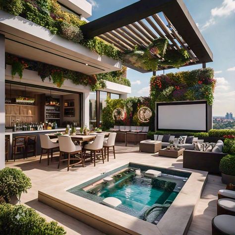 Rooftop Deck With Pool, Jacuzzi And Pool Outdoor, Rooftop Terrace Design Penthouses, Rooftop Pool Design, Luxury Outdoor Living Space, Rooftop Patio Design, Backyard Seating Area, Dream Patio, Rattan Patio Furniture