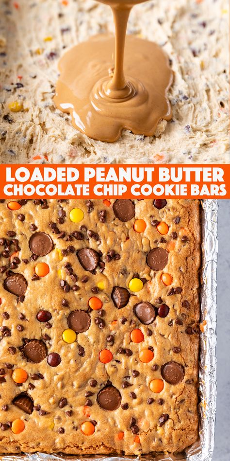 Peanut Butter Reeses Bars, Reese’s Pieces Chocolate Chip Cookie Bars, Peanut Butter Cookie Dough Bars, Loaded Cookie Bars, Peanut Butter Cookie Dessert, Peanut Butter Cookie Cups Reeses, Peanut Butter Cup Cookie Bars, Pan Cookies Bars, Reeses Cookie Bars