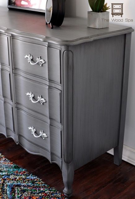 I finished this piece for a customer a few weeks ago and it has been by far my most popular project. I also love everything about it: the dark gray, the depth the black glaze gave to it, the shiny … French Provincial Makeover, Painting Dressers, Grey Painted Furniture, Gray Painted Furniture, Buffet Makeover, Dresser Redo, French Provincial Dresser, French Provincial Furniture, Provincial Furniture