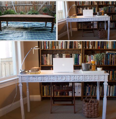 DIY - Repurpose a coffee table into a desk. Full Step-by-Step Tutorial. Refurbished Table, Old Coffee Tables, Furniture Ads, Office Guest Room, Desk Ideas, Weekend Projects, Diy Desk, Bedroom Decorating, Refurbished Furniture