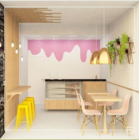 Bright Store Interior, Bakery Decorations Interior, Pastel Cafe Interior, Small Bakery Design, Pastel Coffee Shop, Heladerias Ideas Decoracion, Small Bakery Interior, Creperia Ideas, Dessert Shop Design