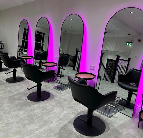 Nail Room Suite, Makeup Room Ideas For Salon, Salon Setup Ideas Spaces, Purple Salon Ideas, Hair Salon Layout Ideas, At Home Beauty Studio, Cosmetology School Station Ideas, Bright Hair Salon Decor, Hairstylist Booth Decor