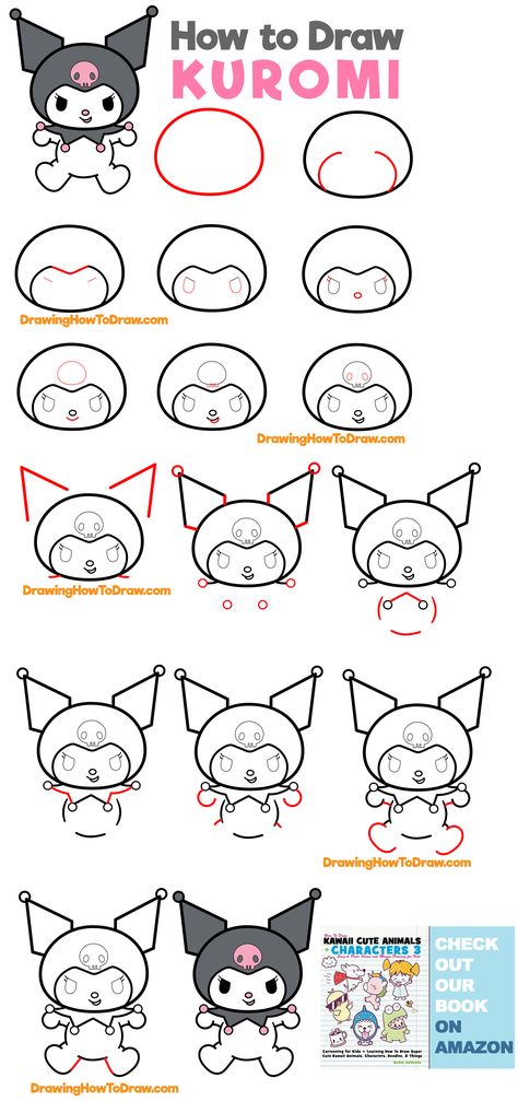 How to draw Kuromi from My Melody and Hello Kitty Easy Step by Step Drawing Tutorial for Kids Kuromi Simple Drawing, Kuromi Drawing Tutorial, How To Draw Melody, Kuromi How To Draw, How To Draw My Melody Step By Step, Hello Kitty Drawing Tutorial, How To Draw Kuromi Sanrio Step By Step, Kuromi Drawing Step By Step, Sanrio How To Draw