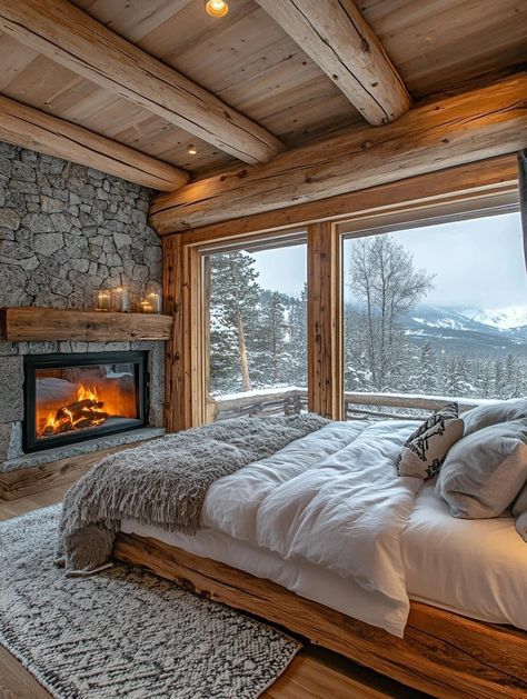 Log Cabin Build, Classy Cabin Interior, Luxury Log Cabin Interior, Cabin Home Aesthetic, Cute Cabin Interior, Romantic Cabin Bedroom, Cozy Cabin Bedroom Ideas, Cabins In The Woods Interior, Interior Log Cabin