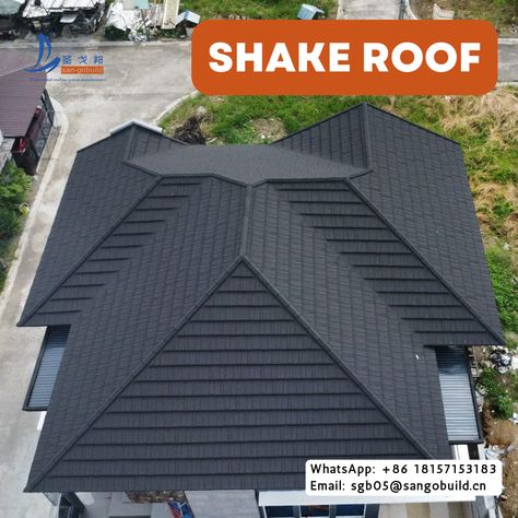 Shake roof tiles design with black color! Roof Tiles Design, Metal Roof Tiles, Sheet Metal Roofing, Shake Roof, Roof Coating, Steel Roofing, Bedroom Wall Designs, Metal Roofing, Metal Tile