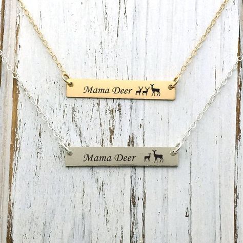 Mama deer and custom message on the back/Gold filled /Sterling Silver Bar Necklace Personalized Name ID/ Customized text message Necklace Gold Jewellery Wallpaper, Message Necklace, Dainty Diamond Necklace, Star Necklace Gold, Bar Necklace Personalized, Silver Rings With Stones, Mama Elephant, Silver Bar Necklace, Elephant Necklace