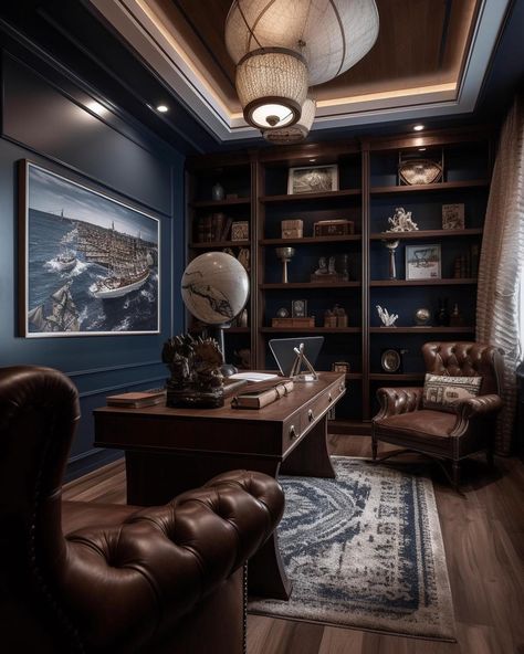 Nautical Homesteads 🛟 EP VI: Study room Variations Comment your fav slide 💙 | Instagram Home Libraries, Men Living Room Ideas Apartments, Men Living Room Ideas, Men Living Room, Room Ideas Men, Men's Room, Small Home Offices, Home Library Design, Simple Living Room