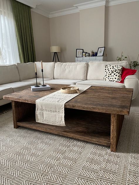 🟢 This rustic wood coffee table is the perfect addition to any home. It is made from reclaimed wood, giving it a unique and one-of-a-kind look. The live edge top adds a touch of natural beauty, and the rectangular shape is both stylish and functional. This coffee table is made from Fir Solid wood, making it sturdy and durable. It is also easy to care for, simply wiping it down with a damp cloth. * The coffee table in all photos is 60 inches wide, depth 30 inches and height 15 inches. * Deep is White Couch In Living Room, Wood Block Coffee Table Living Rooms, Boho Coffee Table Wood, Rustic Wood Coffee Table Square, Cabin Coffee Table Decor, Coffee Table For Large Sectional, Coffee Table Decor Square, Coffee Table With Sectional Couch, Wooden Coffee Table Decor