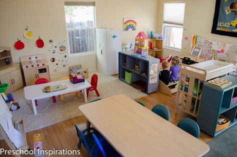 Come take a peek inside my in home preschool. We designated a living room of our house to be our exclusive homeschool and preschool room. Preschool Inspirations In Home Preschool, In Home Daycare Ideas, Home Daycare Rooms, Daycare Room Ideas, Preschool Classroom Setup, Daycare Setup, Daycare Spaces, Home Daycare Ideas, Childcare Rooms