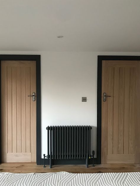 Little House Lovely - Oak Doors with Grey Frames #LittleHouseLovely Dark Door Frames, Oak Door Hallway, Grey Door Frames And Skirting, Grey Door Frames, Oak Doors Hallway, Stripped Doors Wood, Black Door Frames And Skirting, Oak Skirting Boards And Doors, Hallway Ideas Doors