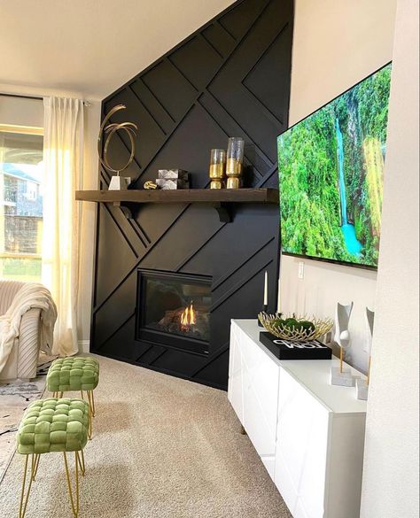 Ikea Fireplace Hack, Accent Wall With Mantle, Black Accent Wall Living Room Fireplaces, Black Wall With Fireplace, Living Room Wall With Fireplace, Accent Wall With Fireplace And Tv, Black Accent Walls In Living Room, Black Tv Wall Living Room, Fireplace Paneling Wall