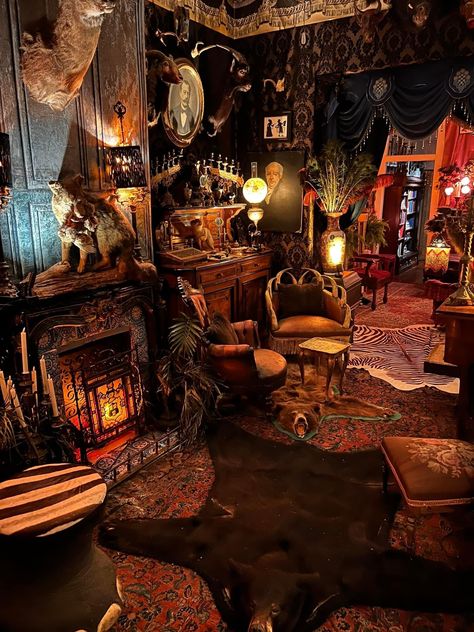 Cozy Dark Interior, Post Apocalyptic Interior Design, Whimsigoth Tiny House, Whimsigoth Maximalist Decor, Momcore House, 90s Whimsigoth Living Room, Living Room Whimsical, Vintage Boho Maximalism, Dark Whimsical Living Room