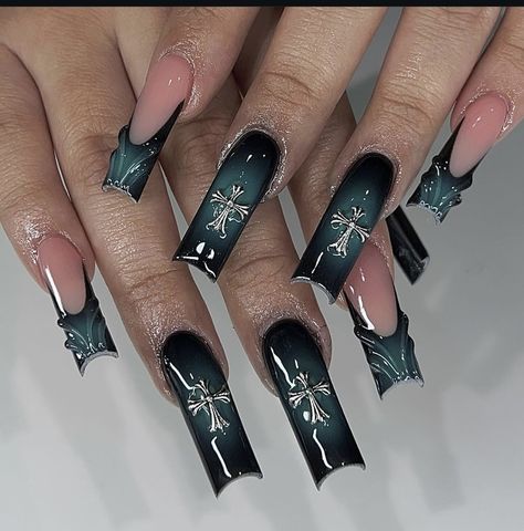 Ongles Goth, Goth Nails, Grunge Nails, Girly Acrylic Nails, Unique Acrylic Nails, Nail Sets, Bling Acrylic Nails, Cuticle Pusher, Square Acrylic Nails