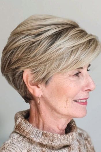 Save this pin for the best pixie haircuts for women over 70. With this stacked feathered pixie, you’ll have a style that adds instant volume and shape. The back of this short layered style is stacked, creating a rounded shape that looks full without any heaviness. Feathered Pixie Haircut, Stacked Wedge Haircut, Shoulder Length Haircuts For Women, Short Stacked Wedge Haircut, Feathered Pixie, Haircuts For Women Over 70, Hairstyles Images, Short Stacked Haircuts, Pompadour Style