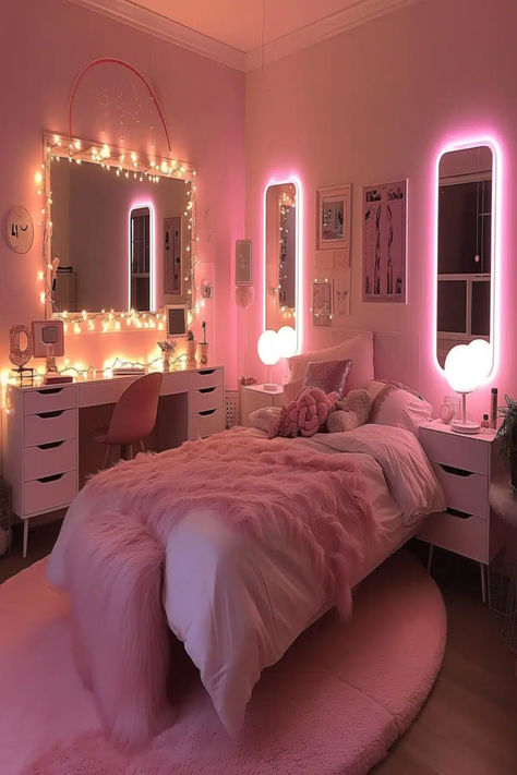 Pink-themed baddie bedroom with fairy lights, plush bedding, and girly decor accents. Room Ideas Aesthetic Girly Pink, Small Room Pink Aesthetic, Cozy Pink Apartment, Girly Beds, Comfy Bedroom Aesthetic, Dorm Room Ideas Pink, Girly Room Aesthetic, Pink Dorm Room Decor, Girly Pink Bedroom