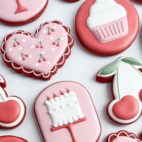 Leah Durso on Instagram: "New flavor alert…red velvet ♥️♥️♥️" Cookies Decorated Birthday, Red Cookies Decorated, Cherry Cookies Decorated, Girly Sugar Cookies, Cherry Sugar Cookies, Champagne Glass Cookies, Strawberry Themed Cookies, Cookie Painting, Heart Decorated Cookies