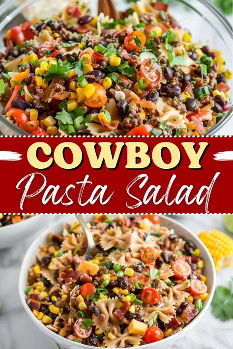 Cowboy pasta salad will be the hit of your next potluck! Packed with ground beef, bacon, bowtie pasta, corn, beans, cheese, and tomatoes, it's hearty and delicious. Cowboy Pasta Salad, Salad Southwest, Cowboy Pasta, Cowboy Recipes, Southwest Pasta, Cowboy Salad, Southwest Pasta Salad, Recipes Spaghetti, Salad Shrimp