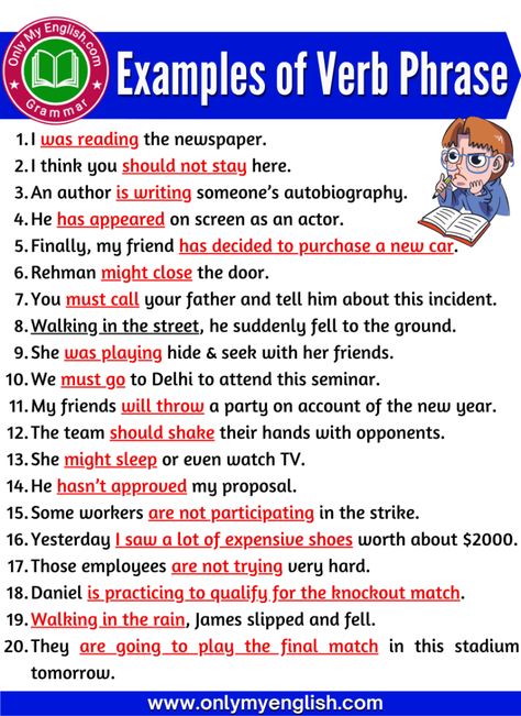 20 Examples of Verb Phrase in Sentences Verb Examples In Sentences, Verb Sentences, Verb Phrases, English Improvement, English To Hindi, Vocabulary Sentences, Essay Writing Examples, Verb Examples, English Prepositions