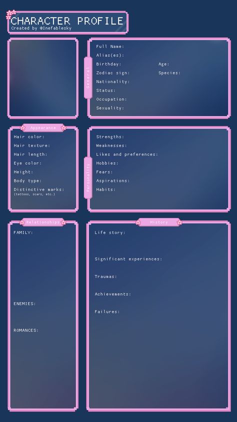 Character Introduction Ideas, Character Info Sheet Template, Cool Powers For Characters, Character Profile Template, Instagram Profile Template, Template Character, Character Sheet Writing, Writing Expressions, Personality Chart