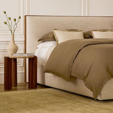 Schaefer Wood Trim Low Profile Bed Bed Without Footboard, Wood And Upholstered Bed, Contemporary Bed Frame, West Elm Bedding, Large Headboard, Low Profile Bed, Modern Bed Frame, Linen Duvet Cover, Cushion Headboard