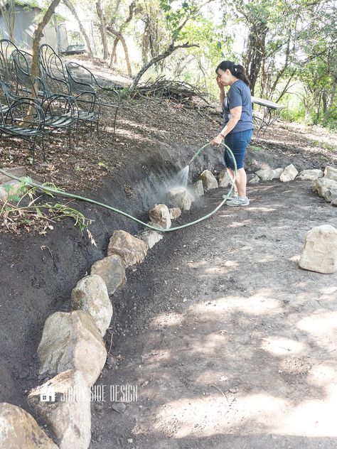 How to Build a Simple Stone Retaining Wall for Free | Sunny Side Design Retaining Wall Pond Ideas, Sloped Lot Landscaping, Hill In Backyard Ideas, How To Build A Rock Retaining Wall, Stacking Rocks Landscaping, Garden Bed Retaining Wall Ideas, Small Sloped Yard Ideas, Waterfall Retaining Wall, Rock Wall Landscaping Ideas