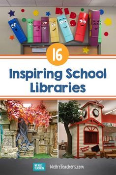 16 Inspiring School Libraries To Motivate Young Readers School Library Themes Elementary, Unveiling Decor Ideas, School Library Themes, School Library Book Displays, School Library Bulletin Boards, Kindergarten Library, Elementary Librarian, Preschool Library, School Library Decor