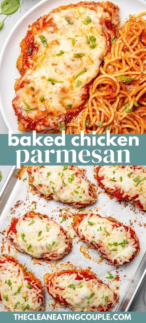 This Baked Chicken Parmesan recipe is so easy to make! Perfectly crispy, coated with a delicious sauce and cheese for a healthy dinner! Serve with pasta or a salad for a healthy dinner. You can make it with chicken breasts or tenders! Quick Chicken Parmesan Recipe, Chicken Parmesan Recipe Oven, Breaded Chicken Parmesan Recipe, Easy Chicken Parmesan Recipe Baked, Healthy Baked Chicken Breast Recipes, Crispy Chicken Parmesan Recipe, Chicken Parmesan Recipe Healthy, Split Breast Chicken Recipes, Healthy Baked Chicken Breast