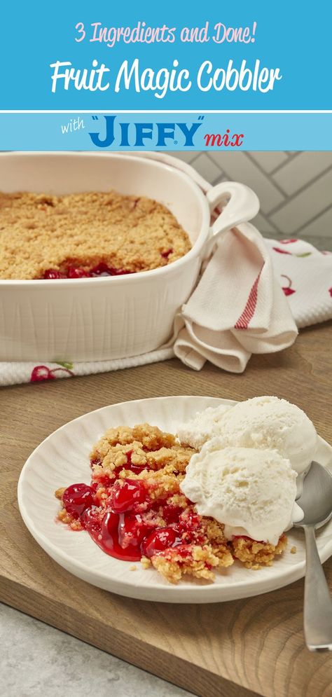 Fruit Magic Cobbler made with “JIFFY” Golden Yellow Cake Mix is easy to make and quite delicious. Just 3 ingredients and done! Share your favorite cobbler flavor with us by using the hashtag #HowDoYouJIFFY Magic Cobbler Recipe, Fruit Magic, Cake Mix Peach Cobbler, Jiffy Mix Recipes, Fruit Cobbler Recipe, Jiffy Recipes, Cake Mix Cobbler, Jiffy Cornbread Recipes, Yellow Cake Mix Recipes