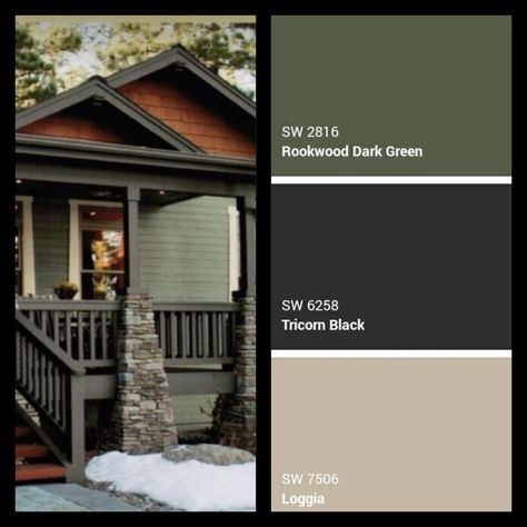 Earthy Siding Colors, Dark Green House Exterior Brown Trim, Olive Green Brick House Exterior, Exterior House Paint Color Combinations Green, Exterior House Colors Dark Green, Hunter Green Home Exterior, Olive Color House Exterior, Green House Siding Exterior Colors, Exterior Mountain Home Paint Colors