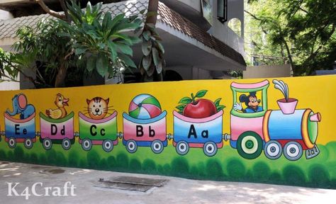 Play School Wall Paintings to Decorate Walls • K4 Craft School Wall Decoration Painting, Wall Painting For Play School, Wall Painting For Nursery School, Bala Paintings For School, Wall Painting For Preschool, School Walls Decorating Ideas, Play School Wall Painting Ideas, School Wall Drawing, School Outside Wall Painting