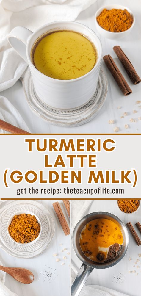 This turmeric latte recipe features warming and healing spices whisked into milk for a golden drink with a soothing and earthy taste. Naturally caffeine-free and high in antioxidants, this latte is great for the end of day or when you're not feeling 100%! Turmeric Chai Latte Recipe, Milk Turmeric Drink, Turmeric Night Time Drink, Turmeric Coffee Latte, Turmeric Moon Milk, Golden Tumeric Milk Recipe, Fresh Turmeric Tea, Tumeric Milk Tea Recipes, Golden Milk Recipe Turmeric Almond Milk