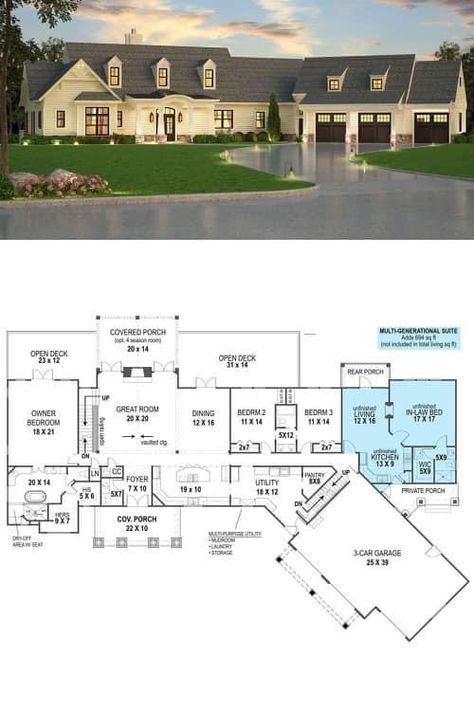 4000 Sq Ft House Plans, M Porter, Country Mansion, Attached Garage, Beautiful House Plans, House Floor, Master Closet, Modern House Plans, In Law Suite