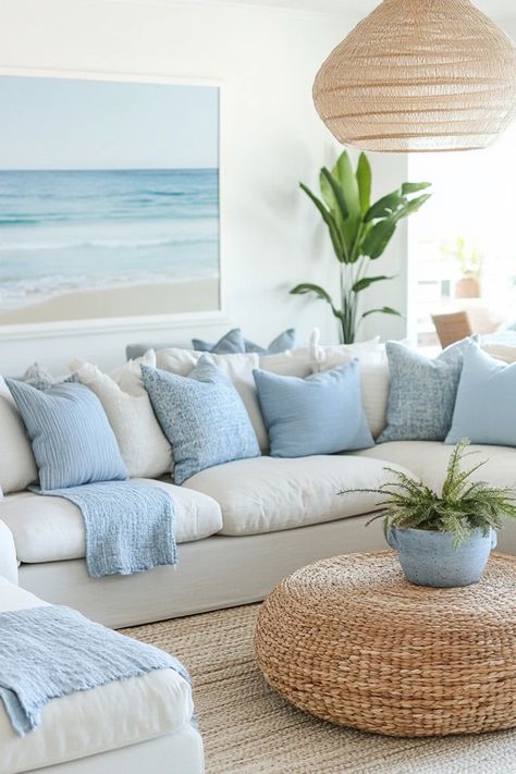 "Create a beach-inspired haven with a Modern Coastal Living Room! 🌊🛋️ Perfect for bringing the tranquility of the coast indoors. 🌿✨ #CoastalDecor #LivingRoomInspo #HomeDesign" Coastal Accessories Decorating Ideas, Costal Grandma Apartment, Coastal Home Decor Living Room, Coastal Couches Furniture, Beach House Decor Coastal Style Living Rooms, Coastal Grey Living Room, Coastal Living Room Aesthetic, Coastal Country Living Room, Calm Coastal Living Room