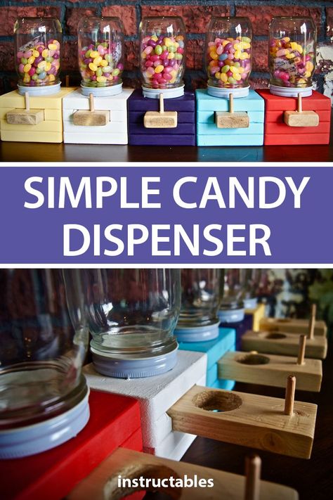 Make a really simple and easy wooden and mason jar candy dispenser that is perfect for storing your favorite treats. #woodworking #workshop #woodshop #toy #kids #jellybean Diy Wood Candy Dispenser, Diy Candy Dispenser, Jelly Bean Dispenser, Homemade Vase, Treat Business, Mason Jar Candy, Dispenser Diy, 4h Ideas, Kids Building