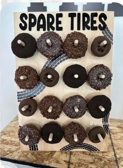 Spare Tire Donut Sign, Donut Spare Tire, Car Donuts Spare Tires, Construction Monster Truck Party, Tire Party Decorations, Old Truck Theme Birthday Party, Tire Donut Diy, Mindy Weiss Birthday Party, First Trip Around The Track Birthday