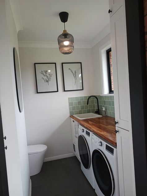 Tiny Laundry Bathroom Combo, Small Full Bathroom With Laundry, Guest Bathroom With Laundry Room, Powder Room With Washer And Dryer, Ensuite Laundry Combo, Laundry Room Design With Toilet, Narrow Laundry Room With Toilet, Laundry And Toilet Combo, Small Master Closet With Laundry