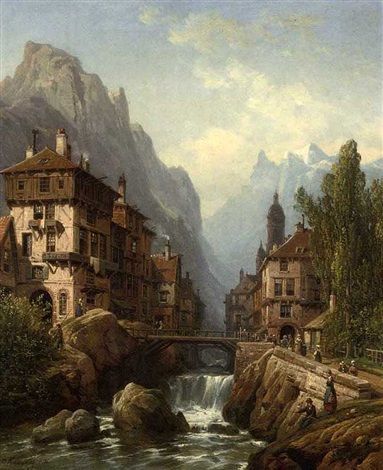 Medieval town with a bridge over a river Fantasy Town Square Concept Art, Medieval Fantasy Town Concept Art, Fantasy Medieval Town, Fantasy Harbor, Fantasy River Town, Western Town Fantasy Art, Fantasy Barren Landscape, Landscape Medieval, River Town Fantasy Art