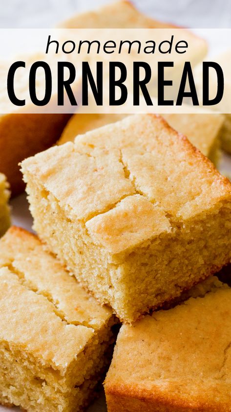 After lots of recipe testing, I found the perfect ratio of ingredients for soft, moist, and buttery cornbread with crisp-crunchy edges. I guarantee this is the best cornbread recipe you’ll try! Recipe on sallysbakingaddiction.com Cornbread Butter, Moist Cornbread Recipe, Cornbread Sweet, Pork Soups, Super Moist Cornbread, Easy Homemade Cornbread, Buttery Cornbread, Chicken Potato Soup, Best Cornbread Recipe