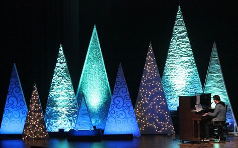 Tree Variety - Church Stage Design Ideas - Scenic sets and stage design ideas from churches around the globe. Christmas Stage Decorations, Church Stage Decor, Christmas Stage Design, White Christmas Tree Decorations, Church Stage Design Ideas, Church Christmas Decorations, Christmas Stage, Stage Design Ideas, Christmas Program