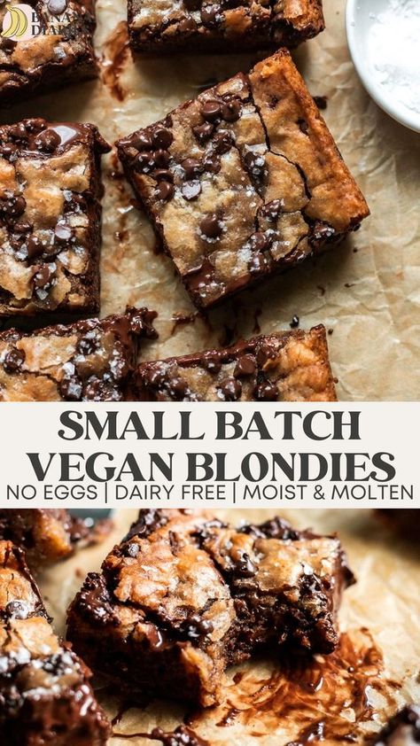 These molten, chewy brown butter vegan blondies are loaded with chocolate chunks and make just 8 perfect blondies- all ready in under 30 minutes! Like a cookie meets brownie, but better- and no hand mixer required! Vegan Baking Healthy, Peanut Butter Vegan Recipes, Vegan Squares And Bars Recipes, Brownie Recipes Vegan, Healthy Vegan Dessert Recipes, Vegan Blondies Recipe, Vegan Brookies, No Bake Vegan Dessert, Quick Vegan Dessert