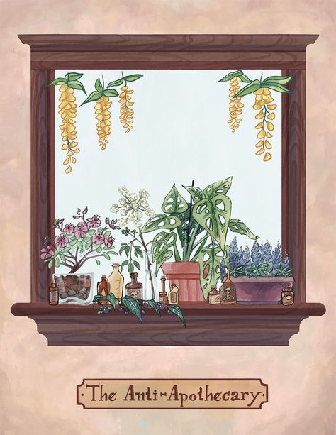 A windowsill of poisonous plants. Drawing them is a lot less harmful. Window Sill Illustration, Window Seal Drawing, Aesthetic Window Drawing, Plant Room Drawing, Window Aesthetic Drawing, Window Sill Tattoo, Window Sill Drawing, Windowsill Drawing, Windowsill Painting