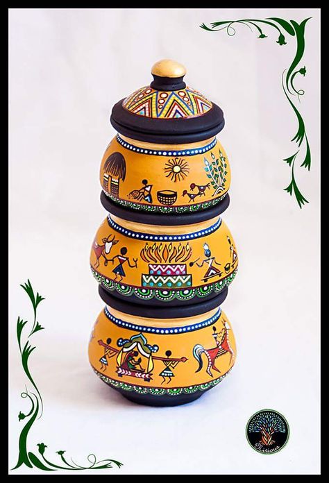 Garba Painting Ideas, Handi Pot Painting, Pot Painting Ideas Warli Art, Warli On Pot, Warli Art Pot Painting, Warli Pot Painting, Pot Decorating Ideas Indian Wedding, Madhubani Painting On Pot, Pot Painting Indian