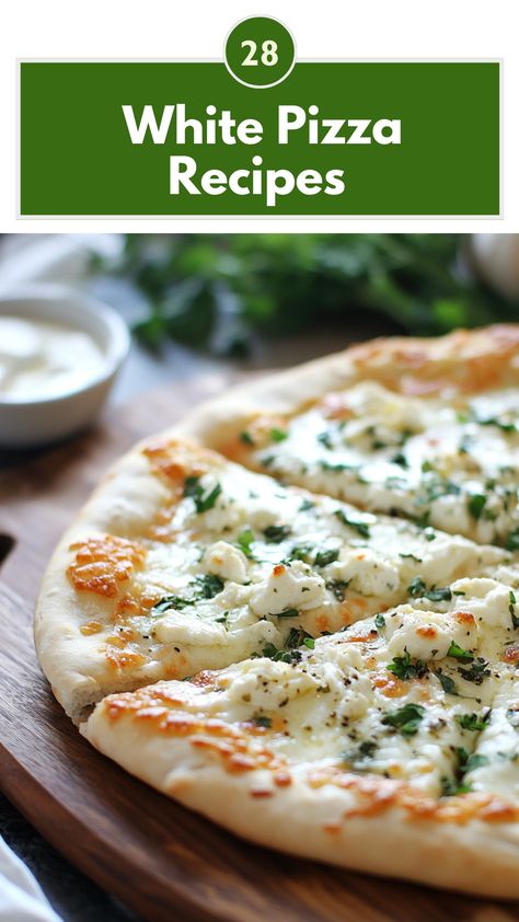 A delicious white pizza topped with creamy cheeses, fresh herbs, and savory toppings, perfect for any occasion and sure to impress your guests. Homemade Pizza Flavors, White Chicken Pizza Recipe, White Pizza Topping Ideas, White Pizza Ideas, Pizza With White Sauce, Homemade White Pizza, White Pizza Sauce Recipe, White Sauce Pizza Recipe, White Sauce Pizza