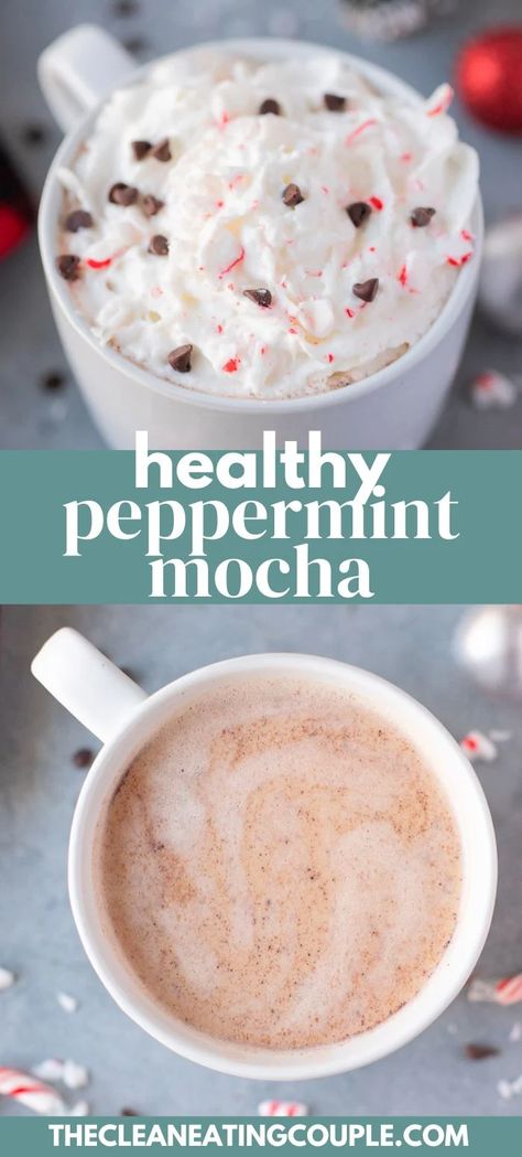 This Healthy Peppermint Mocha is the perfect holiday drink! Requiring only 5 ingredients, it's easy to make, paleo, vegan, and cheaper than Starbucks! You can make this homemade latte with regular milk or keep it dairy free with almond milk. This skinny peppermint mocha has only 58 calories and is sooo delicious! Hot Peppermint Mocha Recipe, Diy Peppermint Mocha Coffee, Healthy Peppermint Mocha Creamer, Healthy Peppermint Mocha Starbucks, Homemade Peppermint Tea, Dairy Free Peppermint Mocha Creamer, Peppermint Mocha Coffee Recipe, Homemade Peppermint Mocha Coffee Creamer, Make Your Own Starbucks Drinks Homemade