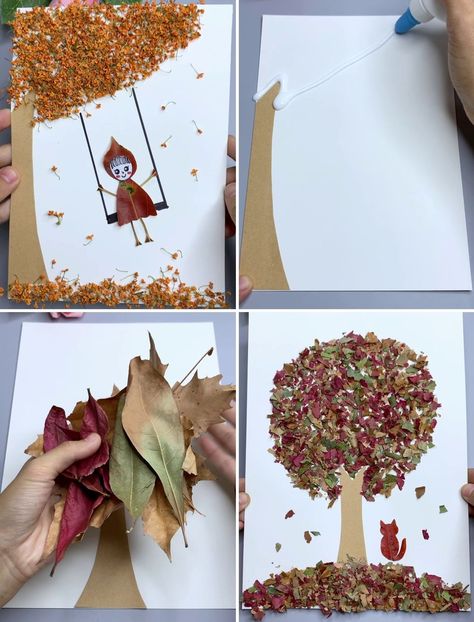 Leaves And Sticks Craft, Tree Leaf Craft, Tree Trunk Craft, Crushed Leaves Craft, October Crafts Preschool Art Projects, Autumn Leaves Art Project, Laminated Leaf Craft, Ideas With Leaves, Dry Leaf Craft Ideas