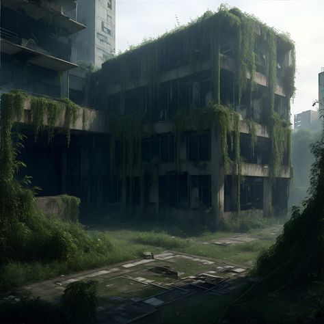 Paintings Of Abandoned Buildings, Abandoned Building In Forest, Abandoned Overgrown City, Overgrown Building Aesthetic, City Overtaken By Nature, City Reclaimed By Nature, Abandoned Office Building, Abandoned City Concept Art, Over Grown City