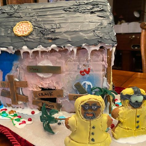 Check out the best and brightest funny gingerbread houses here—from Halloween themes to a Schitt's Creek motel remake. Feast your eyes on this Breaking Bad Gingerbread House, where gingerbread Jesse Pinkman steals the show. Breaking Bad Gingerbread House, Gingerbread House Hit By Tornado, Gingerbread House Meme Funny, Designer Gingerbread House, Ginger Bread House Theme Decorations, Gingerbread Crackhouse Ideas, Trolls Gingerbread House, Science Gingerbread House, Frank Lloyd Wright Gingerbread House