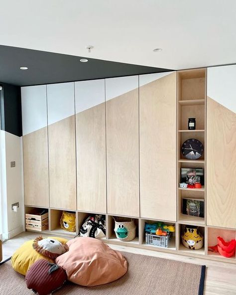 Plywood Hallway Storage, Plywood Wall Storage, Plywood Office Interior, Ply Interiors, Playroom Cupboard Storage, Full Wall Storage, Plywood Home Office, Plywood Panelling, Playroom Joinery